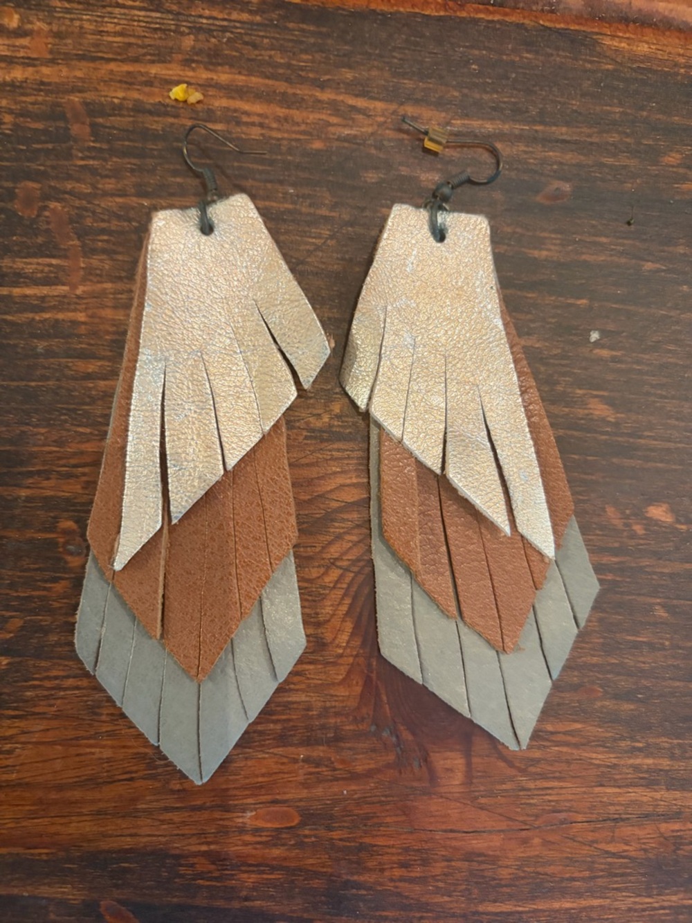 Layered Leather Fringe Earrings in Metallic Gold, Brown & Gray